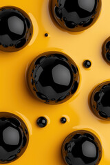 Poster - Abstract close-up of glossy black spheres on a vibrant yellow background, creating a modern and striking visual design.