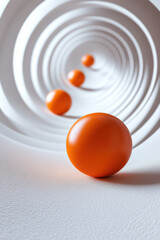 Poster - Vibrant orange spheres placed in a symmetrical white spiral structure, creating a sense of depth and modernity. Perfect for abstract art and design concepts.