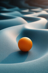 Poster - A bright orange ball sits on a blue, wavy surface, illuminated by soft sunlight, creating a visually striking contrast and an abstract scene.
