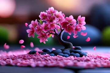 Poster - Peach blossom tree in a serene garden setting, illustrated in a scene where a single peach blossom tree stands in a serene garden, with soft pink petals gently falling to the ground, creating