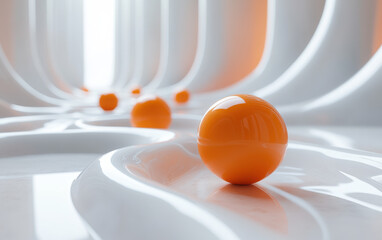 Poster - Abstract futuristic scene with glossy orange spheres on a white curved modern pathway. Bright, clean aesthetic ideal for creative design.