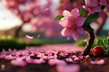 Poster - Peach blossom tree in a tranquil countryside orchard, illustrated in a scene where an orchard of peach trees is in full bloom, with soft pink petals gently falling to the ground, creating a
