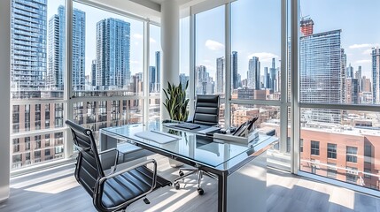 Poster - Modern Office with City View and Glass Desk