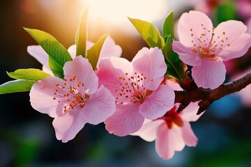 Poster - Peach blossom tree in full bloom with delicate pink petals, captured in a photo where the branches of a peach tree are covered with soft pink blossoms, bathed in warm spring sunlight, with gentle