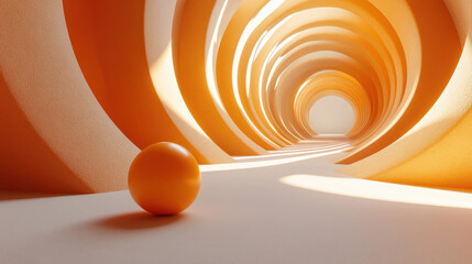 Poster - Abstract futuristic corridor with curved orange and white walls and a single orange sphere, creating a modern, minimalist, and surreal atmosphere.