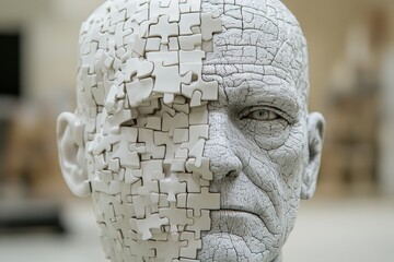 Poster - Aging Face with Puzzle Pieces Symbolizing Memory Loss Cognitive Decline and the Complexities of Aging in the Human Brain