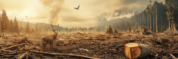 Wall Mural - the remnants of a forest reveal tree stumps and smoke, while rare animals struggle to survive amid d