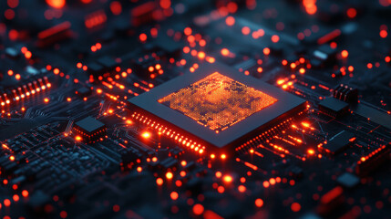 Canvas Print - Close-up of a glowing microchip on a high-tech circuit board. Futuristic technology, data processing, and artificial intelligence concept.