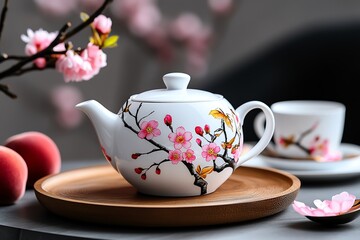 Poster - Peach blossom-themed tea set with delicate floral patterns, illustrated in a scene where a tea set features peach blossom motifs, with soft pink and white colors creating a serene and elegant
