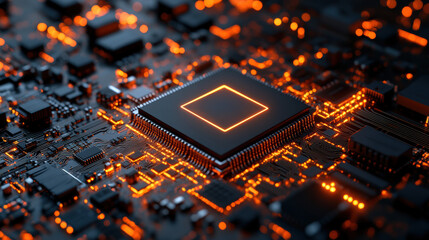 Aufkleber - futuristic close-up of a glowing microchip on a circuit board, illustrating modern technology and in