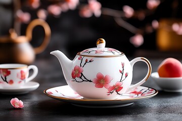 Poster - Peach blossom-themed tea set with delicate floral patterns, illustrated in a scene where a tea set features peach blossom motifs, with soft pink and white colors creating a serene and elegant
