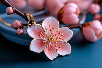 Poster - Peach blossom-themed jewelry with delicate floral designs, captured in a photo where jewelry pieces like necklaces, earrings, and bracelets feature delicate peach blossom designs, adding a touch