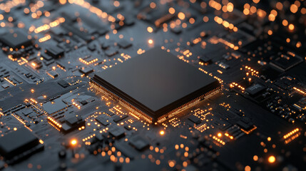 Poster - Close-up view of a modern microchip on a circuit board illuminated with orange lights, showcasing advanced technology and electronics.