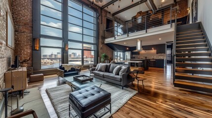 The interior picture of the modern living room of the apartment at the bright time of the day inside city, the apartment is the self-contained housing unit that occupies part of the building. AIG51.