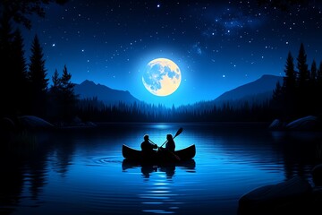 Poster - Romantic couple getaway with a moonlit canoe ride on a quiet lake, illustrated in a scene where a couple paddles across a serene lake under the light of the full moon, the water reflecting the