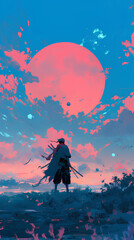 Wall Mural - Cool 2D illustration of modern ninja and big red moon, cinematic colors of the city