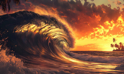 Wall Mural - Dramatic sunset over the ocean, with a large wave breaking.