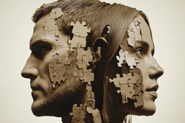 Poster - Two Puzzle Faces with Combined Elements Representing Cognitive Symbiosis Intellectual Harmony and the Merging of Thought Processes in Human Relationships