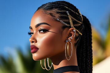 Poster - Stylish ear piercings with multiple studs and hoops, depicted in an artwork where an ear is adorned with various studs, hoops, and cuffs in different metals, creating a layered and trendy look