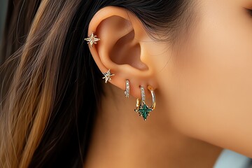 Poster - Stylish ear piercings with multiple studs and hoops, depicted in an artwork where an ear is adorned with various studs, hoops, and cuffs in different metals, creating a layered and trendy look