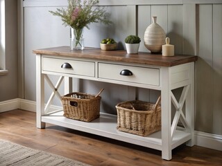 Wall Mural - Modern farmhouse style wooden console table with rustic metal accents and soft white finish