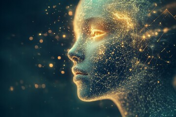 Sticker - Futuristic Female Profile with Digital Brain Particles Symbolizing Cognitive Integration AI Enhancement and the Future of Human Thought in a Digital Age