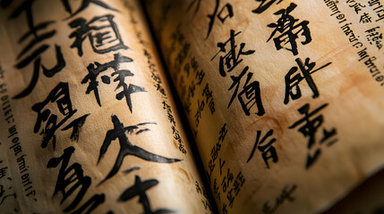 Close-up of ancient Chinese scroll with black calligraphy on aged paper.