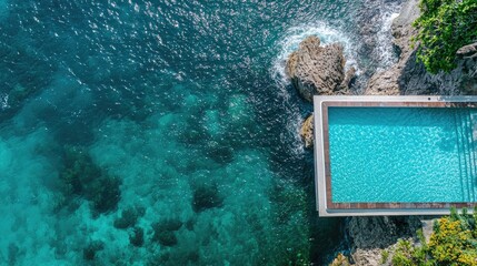 Top view of an infinity pool at a seaside resort with clear blue waters merging with the ocean.