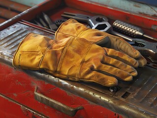 Wall Mural - A 3D render of a mechanics gloves lying on a toolbox