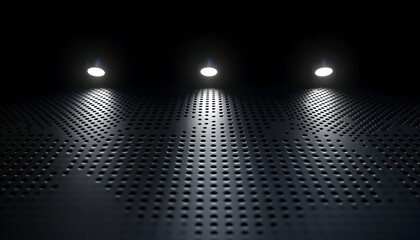 Abstract dark background with three spotlights shining on a perforated metal surface.