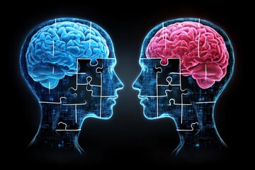 Poster - Blue and Red Digital Brain with Circuitry Symbolizing Cognitive Enhancement AI Integration and the Technological Evolution of Human Thought