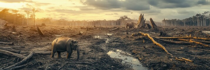 Wall Mural - the sun sets over a deforested area where an elephant wanders amidst fallen trees, highlighting the 