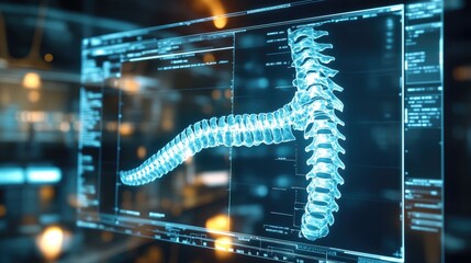 X-ray scan of a human spine and pelvis, showing vertebrae alignment on a medical display screen.