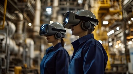 Two women wearing virtual reality goggles stand in a factory. They are wearing blue and yellow uniforms. Scene is serious and focused