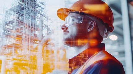 Wall Mural - A man in a construction site wearing a hard hat and safety glasses. He is looking at a building in the background