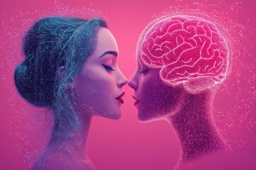 Sticker - Romantic Couple with Glowing Brain Connection Symbolizing Cognitive Bonding Intellectual Romance and the Harmony of Thought and Emotion