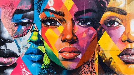 Street art mural in an urban setting with bright graffiti vibrant colors and diverse people interacting with the artwork strong lines and edgy style