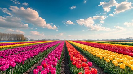 Wall Mural - A colorful field of tulips blooms under a bright blue sky, with fluffy clouds drifting above.