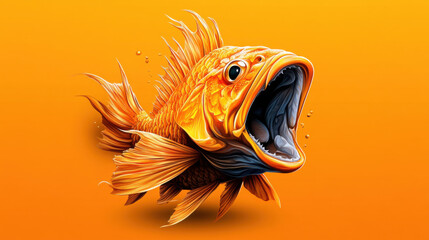 Wall Mural - A vibrant digital illustration of an orange fish with its mouth wide open, set against a solid orange background, conveying boldness and expression.