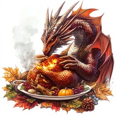 A dragon roasting a Thanksgiving turkey with its breath clipart, humorous and epic, vibrant fantasy colors, digital illustration, isolated on white background