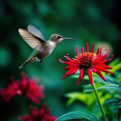 Poster - Hummingbird in Flight with Red Flower