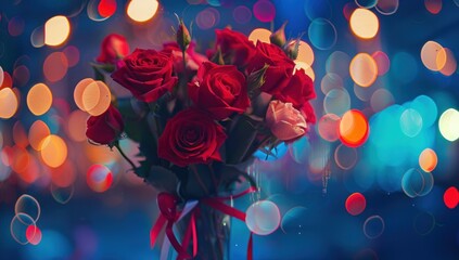 Wall Mural - A bouquet of red roses in front of the city lights, with blurred