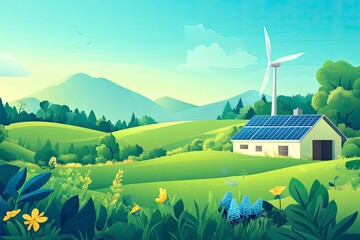 Green energy harvest with windmill and solar panels for eco-green sustainable concept , ai