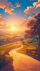 Scenery of brick road. Styled like an anime or game background. Blue sky, sunset, sunrise, night, fog, snow, rain, cloudiness, autumn leaves, etc.