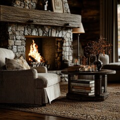 Sticker - Cozy Living Room with Fireplace  Armchair  Coffee Table  Candles and Books