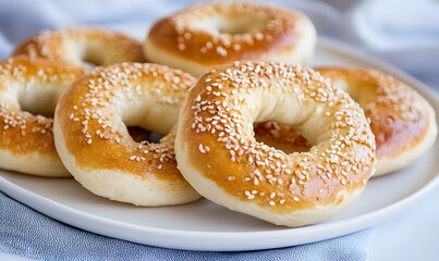 Sesame bagels served on a white plate on a simple cloth, Generative AI