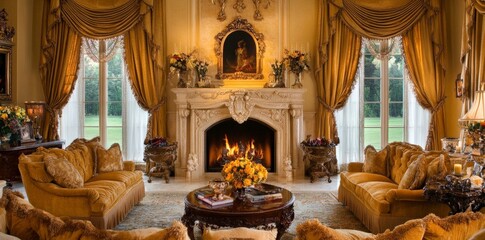 Wall Mural - Elegant Living Room with Fireplace and Gold Decor.