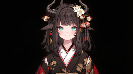 Poster - A demon girl avatar wearing an elegant kimono robe, featuring small horns on her head against a black background.