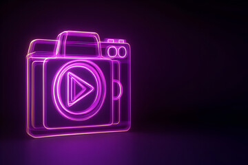 Wall Mural - Neon purple wireframe video camera with play button light trails isotated on black background.