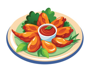 Wall Mural - chicken wings in the asian style and tomatoes sauce on plate in white background